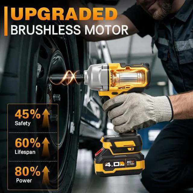 Alt view image 4 of 7 - Cordless Impact Wrench, 900Ft-lbs (1200N.m) 1/2" Brushless Impact Gun with 2x 4.0Ah Battery, Fast Charger & 3 Sockets, High Torque Power Impact Driver Ideal for Car, DIY, and Truck RV/Mower (1200N.m)