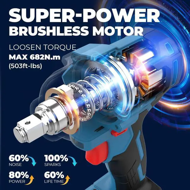 Alt view image 2 of 7 - 20V Brushless Impact Wrench, Max Torque 503 ft-lbs (682 N.m), 2x4.0Ah Battery, 1/2" with 3 Mode Speed, 2400 RPM Cordless Impact Gun, Includes Charger, 4 Impact Sockets and Kit Bag