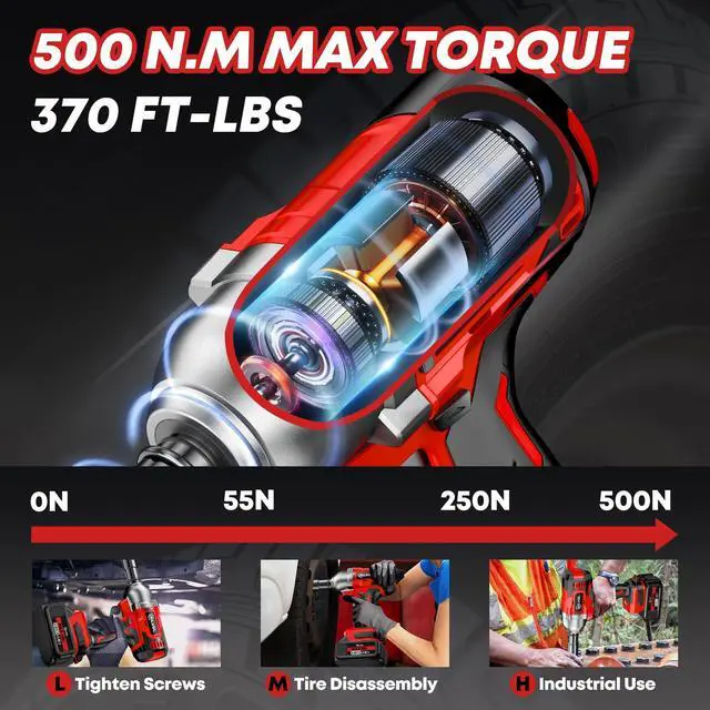 Alt view image 2 of 7 - Cordless Impact Wrench, MAX 650N.M Brushless Impact Gun 1/2 inch, 4.0Ah Battery, 6 Sockets, 3300RPM Impact Driver wih Fast Charger