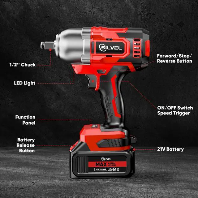 Alt view image 3 of 7 - Cordless Impact Wrench, MAX 650N.M Brushless Impact Gun 1/2 inch, 4.0Ah Battery, 6 Sockets, 3300RPM Impact Driver wih Fast Charger