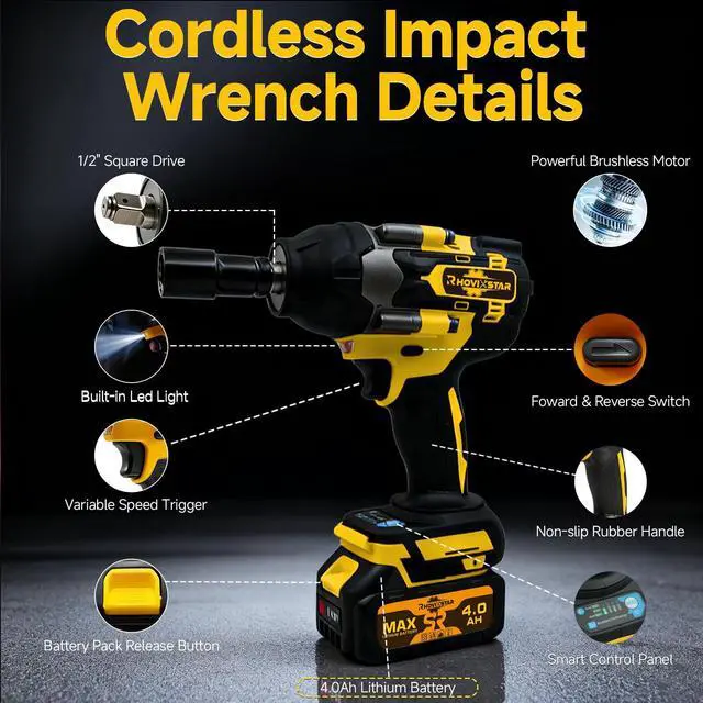 Alt view image 6 of 7 - 1/2 Impact Gun Cordless - Impact Wrench Set, 1/2 Torque Impact, Brushless Motor High Torque Impact Guns with 2pcs 4Ah Battery & 1pcs Charger, 850N.M Torque