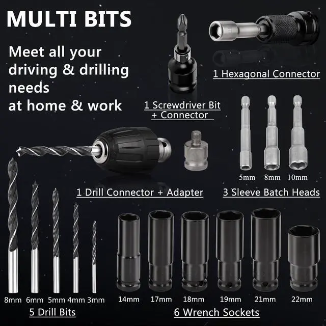 Alt view image 7 of 7 - Cordless Impact Wrench, 1/2" 18V 1500Nm 4 in 1 Brushless Power Drill Driver Screwdriver Kit