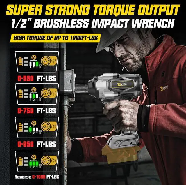 Alt view image 4 of 7 - Cordless Impact Wrench 1/2 inch Compatible with Dewalt 20V Battery, 1000FT-LBS 1360N.m Brushless Impact Gun 2300RPM High Torque Impact Driver w/LED Work Light & Blet Clip (Battery NOT included)