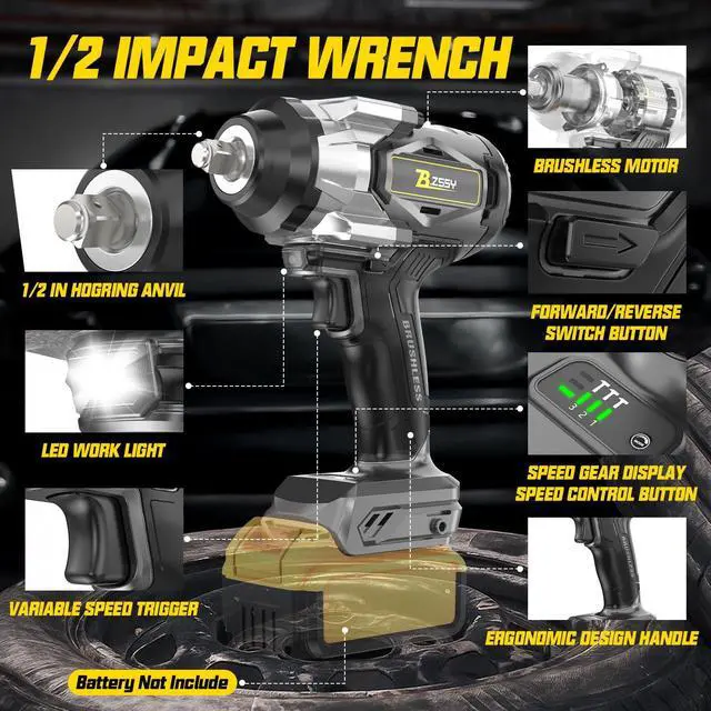 Alt view image 5 of 7 - Cordless Impact Wrench 1/2 inch Compatible with Dewalt 20V Battery, 1000FT-LBS 1360N.m Brushless Impact Gun 2300RPM High Torque Impact Driver w/LED Work Light & Blet Clip (Battery NOT included)