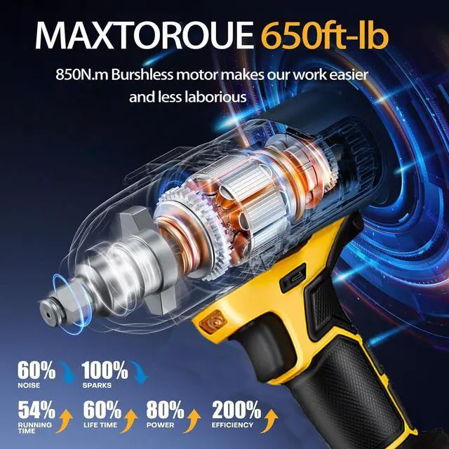 Alt view image 2 of 6 - 1/2 inch Cordless Impact Wrench,650Ft-lbs (800N.m) Brushless Power Impact Driver,3000RPM High Torque Impact Gun,2x 4.0 Battery, 5 Sockets,8 Drill,6 Screws for Home Car Tires Truck Mower