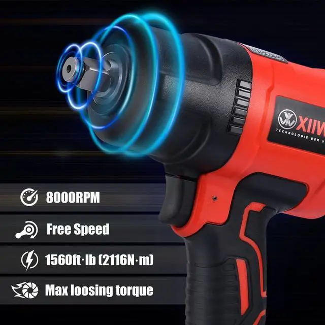 Alt view image 3 of 7 - 1/2 Inch Air Impact Wrench, Max Torque 1560 ft-lbs, lightweight 4.4 lb Design, Air Impact Gun Includes 11 Pcs CR-V Steel Impact Socket Set and Storage Case, Twin Hammer 8000RPM for Automobile Repair