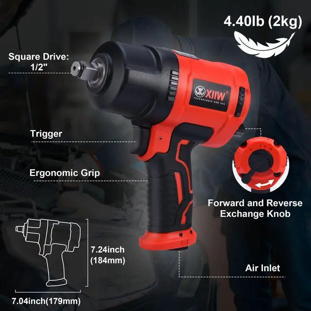 Alt view image 2 of 7 - 1/2 Inch Air Impact Wrench, Max Torque 1560 ft-lbs, lightweight 4.4 lb Design, Air Impact Gun Includes 11 Pcs CR-V Steel Impact Socket Set and Storage Case, Twin Hammer 8000RPM for Automobile Repair