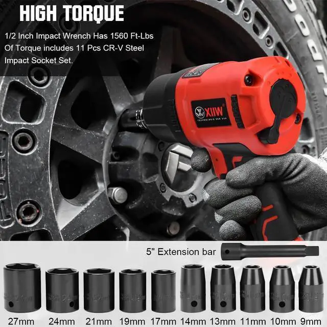 Alt view image 7 of 7 - 1/2 Inch Air Impact Wrench, Max Torque 1560 ft-lbs, lightweight 4.4 lb Design, Air Impact Gun Includes 11 Pcs CR-V Steel Impact Socket Set and Storage Case, Twin Hammer 8000RPM for Automobile Repair