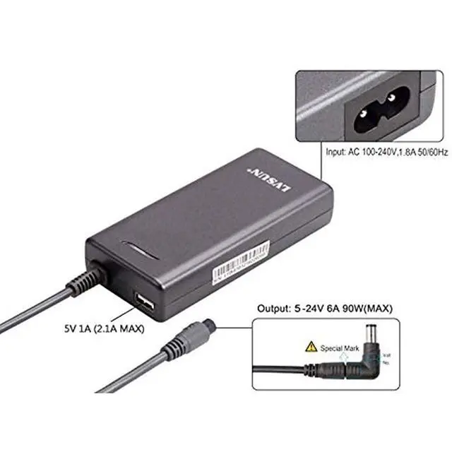 Alt view image 3 of 7 - Universal Laptop Charger 90W, Slim AC Adapter Power Supply Cord with USB Port for Mobile Phones| Tablet Compatible with Dell Lenovo Toshiba Acer Asus Gateway IBM and Most Notebooks