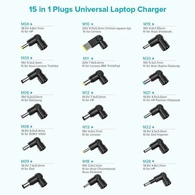 Alt view image 2 of 7 - 90W Universal Laptop Charger Replacement for HP Pavilion Blue Tip Asus Vivobook Acer Toshiba Gateway Lenovo Ideapad Dell Inspiron Sony Samsung Power Cord Computer AC DC Adapter with 15 Tips