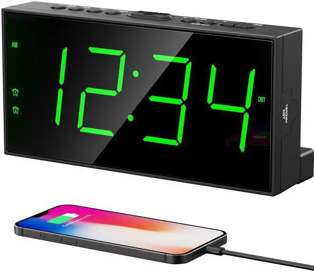 Main image of Digital Alarm Clock for Bedroom, 2 Alarms Large Big Numbers Display with Dimmer for Living Room, Electric Bedside Desk Clock with Power Adapter, USB Charger, Adjustable Volume, Green LED Display