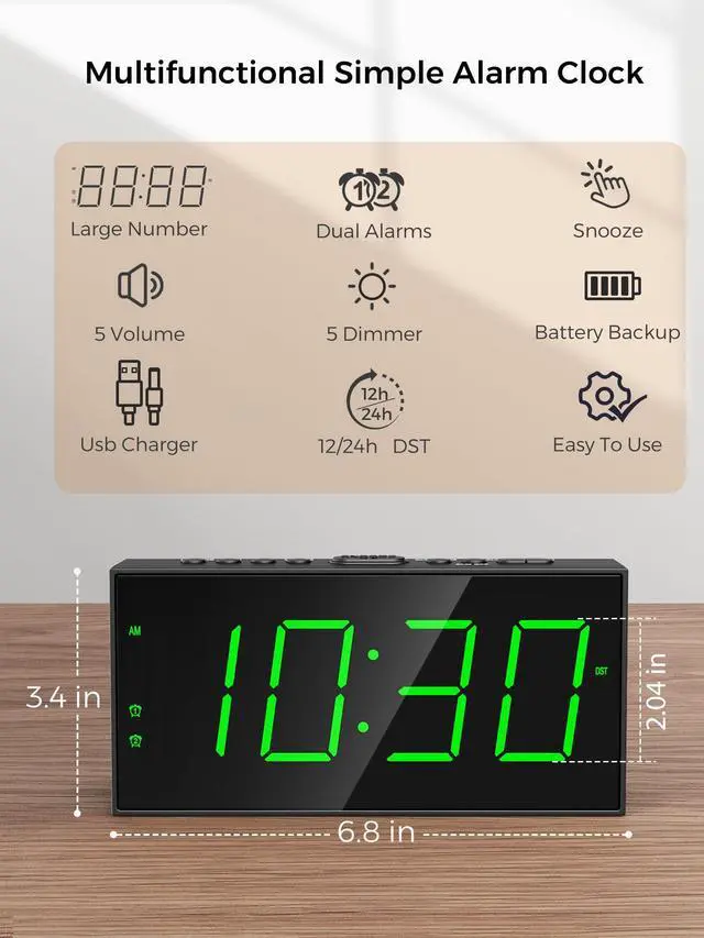 Alt view image 2 of 7 - Digital Alarm Clock for Bedroom, 2 Alarms Large Big Numbers Display with Dimmer for Living Room, Electric Bedside Desk Clock with Power Adapter, USB Charger, Adjustable Volume, Green LED Display