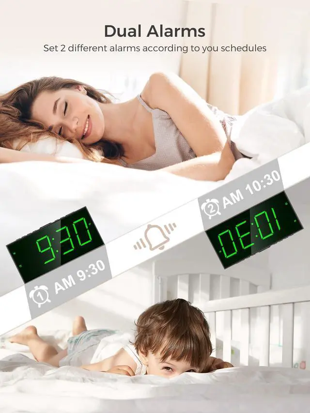 Alt view image 5 of 7 - Digital Alarm Clock for Bedroom, 2 Alarms Large Big Numbers Display with Dimmer for Living Room, Electric Bedside Desk Clock with Power Adapter, USB Charger, Adjustable Volume, Green LED Display