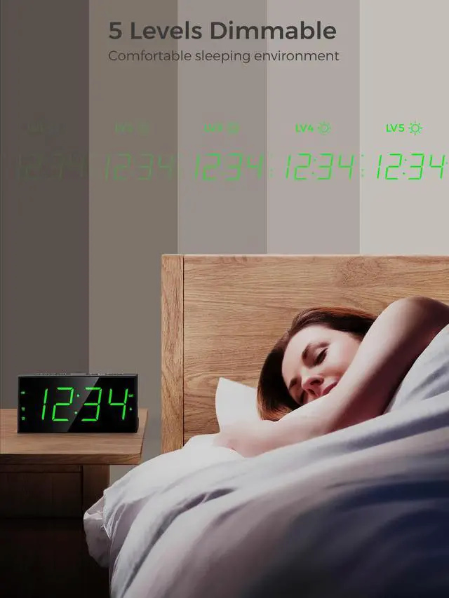 Alt view image 3 of 7 - Digital Alarm Clock for Bedroom, 2 Alarms Large Big Numbers Display with Dimmer for Living Room, Electric Bedside Desk Clock with Power Adapter, USB Charger, Adjustable Volume, Green LED Display