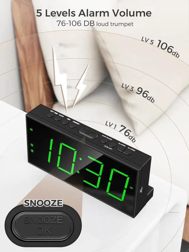 Alt view image 4 of 7 - Digital Alarm Clock for Bedroom, 2 Alarms Large Big Numbers Display with Dimmer for Living Room, Electric Bedside Desk Clock with Power Adapter, USB Charger, Adjustable Volume, Green LED Display