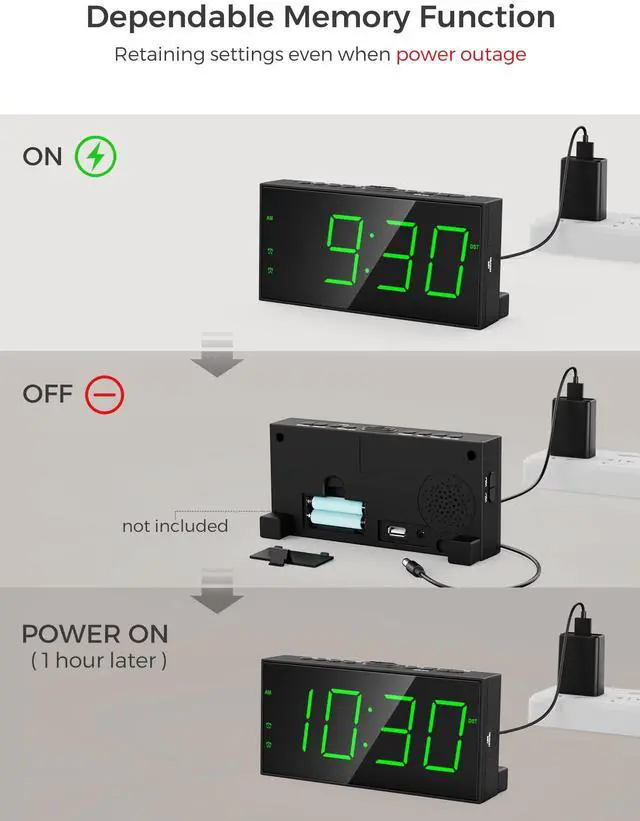 Alt view image 6 of 7 - Digital Alarm Clock for Bedroom, 2 Alarms Large Big Numbers Display with Dimmer for Living Room, Electric Bedside Desk Clock with Power Adapter, USB Charger, Adjustable Volume, Green LED Display
