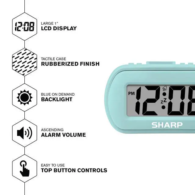 Alt view image 3 of 7 - Digital Alarm Clock Tactile Case with Soft Rubberized Finish - Battery Operated Blue Backlight on Demand Ascending Alarm Easy to Use - Mint