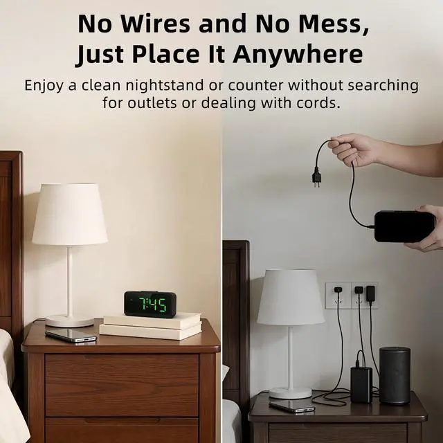 Alt view image 2 of 7 - Battery Operated Small Alarm Clock: Digital Compact Large Display Cordless Clock for Bedroom Travel - Simple to Use for Seniors Teens Green Digits