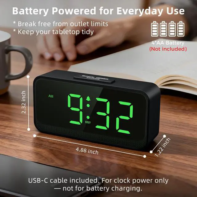 Alt view image 3 of 7 - Battery Operated Small Alarm Clock: Digital Compact Large Display Cordless Clock for Bedroom Travel - Simple to Use for Seniors Teens Green Digits