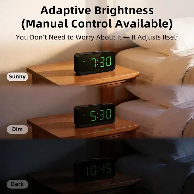 Alt view image 6 of 7 - Battery Operated Small Alarm Clock: Digital Compact Large Display Cordless Clock for Bedroom Travel - Simple to Use for Seniors Teens Green Digits