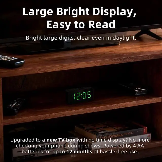 Alt view image 5 of 7 - Battery Operated Small Alarm Clock: Digital Compact Large Display Cordless Clock for Bedroom Travel - Simple to Use for Seniors Teens Green Digits