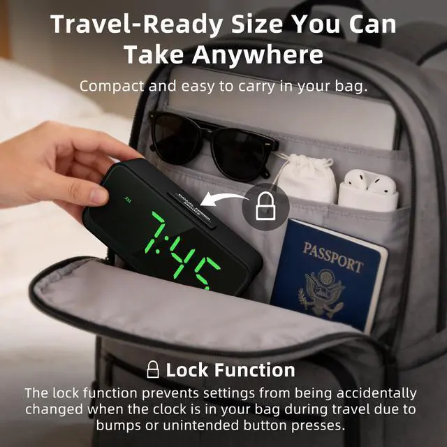 Alt view image 4 of 7 - Battery Operated Small Alarm Clock: Digital Compact Large Display Cordless Clock for Bedroom Travel - Simple to Use for Seniors Teens Green Digits