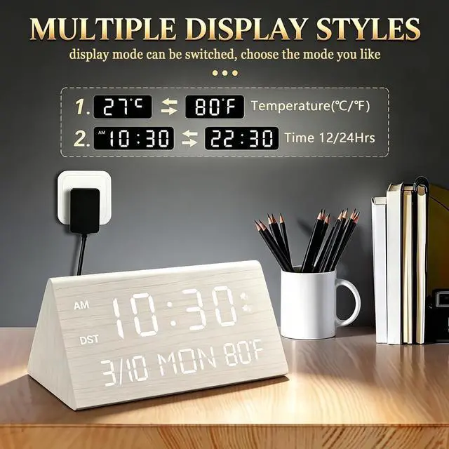 Alt view image 7 of 7 - Wooden Digital Alarm Clock, 0-100% Dimmer, 2 Alarm Settings, Weekday/Everyday Mode, 9 Mins Snooze, 12/24H, Temperature and Date Display for Office, Travel, Bedroom Alarm Clock (White)