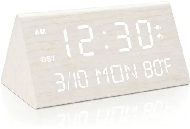 Main image of Wooden Digital Alarm Clock, 0-100% Dimmer, 2 Alarm Settings, Weekday/Everyday Mode, 9 Mins Snooze, 12/24H, Temperature and Date Display for Office, Travel, Bedroom Alarm Clock (White)