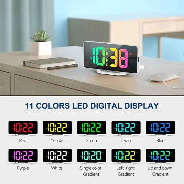 Alt view image 2 of 7 - Digital Alarm Clock, LED Digital Clock for Bedrooms with 10 Color Changing Night Light, Adjustable Brightness, USB Charging Port, Bedside and Desk Clocks for Living Room Office (White)