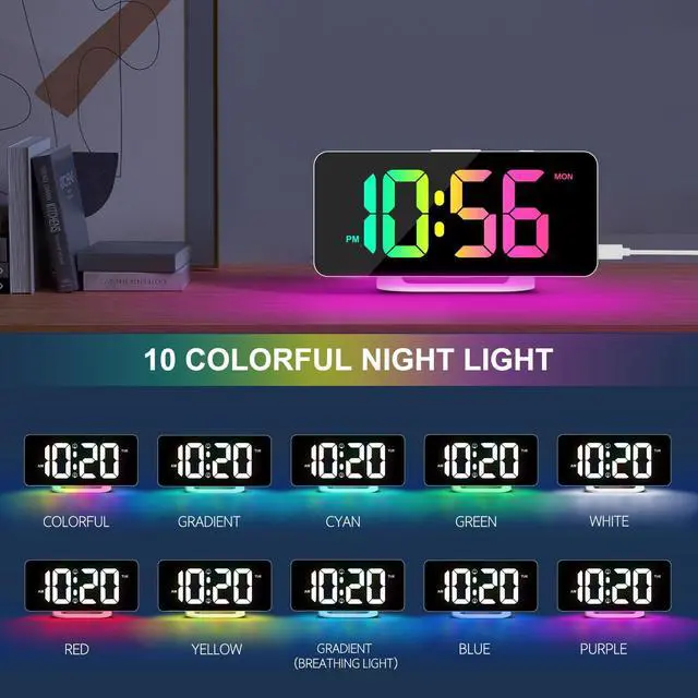 Alt view image 3 of 7 - Digital Alarm Clock, LED Digital Clock for Bedrooms with 10 Color Changing Night Light, Adjustable Brightness, USB Charging Port, Bedside and Desk Clocks for Living Room Office (White)