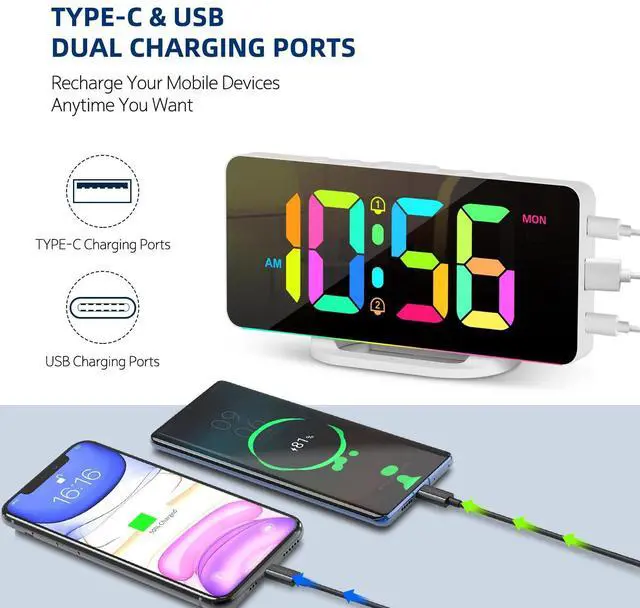 Alt view image 5 of 7 - Digital Alarm Clock, LED Digital Clock for Bedrooms with 10 Color Changing Night Light, Adjustable Brightness, USB Charging Port, Bedside and Desk Clocks for Living Room Office (White)