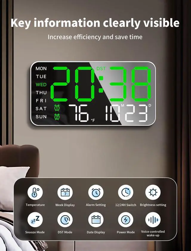 Alt view image 2 of 6 - 8.4''Large Digital Wall Clock, Led Alarm Clock with Big Digits, Date, Temperature, DST, Modern Decor Design for Desk,5-Level Brightness for Room, Bedroom, Gift, Yougster and Elderly