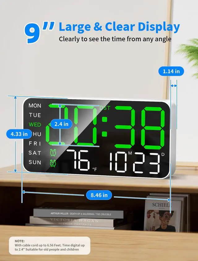 Alt view image 3 of 6 - 8.4''Large Digital Wall Clock, Led Alarm Clock with Big Digits, Date, Temperature, DST, Modern Decor Design for Desk,5-Level Brightness for Room, Bedroom, Gift, Yougster and Elderly