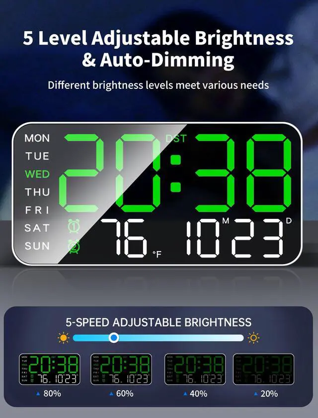Alt view image 4 of 6 - 8.4''Large Digital Wall Clock, Led Alarm Clock with Big Digits, Date, Temperature, DST, Modern Decor Design for Desk,5-Level Brightness for Room, Bedroom, Gift, Yougster and Elderly