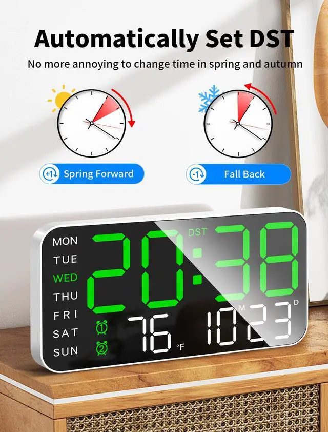 Alt view image 5 of 6 - 8.4''Large Digital Wall Clock, Led Alarm Clock with Big Digits, Date, Temperature, DST, Modern Decor Design for Desk,5-Level Brightness for Room, Bedroom, Gift, Yougster and Elderly