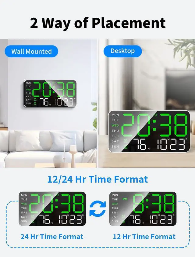 Alt view image 6 of 6 - 8.4''Large Digital Wall Clock, Led Alarm Clock with Big Digits, Date, Temperature, DST, Modern Decor Design for Desk,5-Level Brightness for Room, Bedroom, Gift, Yougster and Elderly