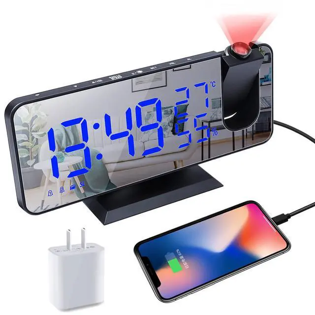 Main image of Projection Digital Alarm Clock for Bedrooms,Alarm Clock Radio on Ceiling, USB Charger Port, Temperature & Humidity Display, 7.3 Large Mirror LED Display,12/24H,Snooze,Dual Loud Clock- 4 Dimmer