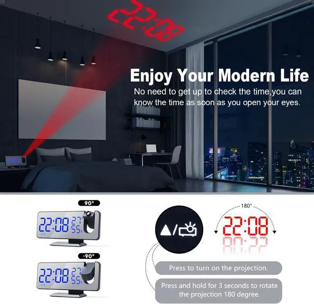 Alt view image 2 of 6 - Projection Digital Alarm Clock for Bedrooms,Alarm Clock Radio on Ceiling, USB Charger Port, Temperature & Humidity Display, 7.3 Large Mirror LED Display,12/24H,Snooze,Dual Loud Clock- 4 Dimmer