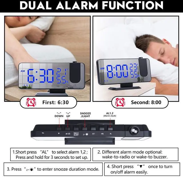 Alt view image 3 of 6 - Projection Digital Alarm Clock for Bedrooms,Alarm Clock Radio on Ceiling, USB Charger Port, Temperature & Humidity Display, 7.3 Large Mirror LED Display,12/24H,Snooze,Dual Loud Clock- 4 Dimmer