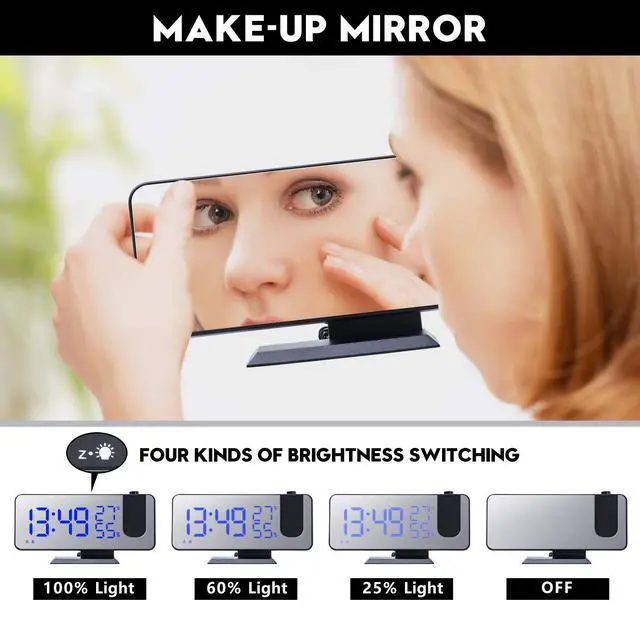 Alt view image 4 of 6 - Projection Digital Alarm Clock for Bedrooms,Alarm Clock Radio on Ceiling, USB Charger Port, Temperature & Humidity Display, 7.3 Large Mirror LED Display,12/24H,Snooze,Dual Loud Clock- 4 Dimmer
