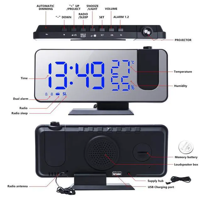 Alt view image 5 of 6 - Projection Digital Alarm Clock for Bedrooms,Alarm Clock Radio on Ceiling, USB Charger Port, Temperature & Humidity Display, 7.3 Large Mirror LED Display,12/24H,Snooze,Dual Loud Clock- 4 Dimmer