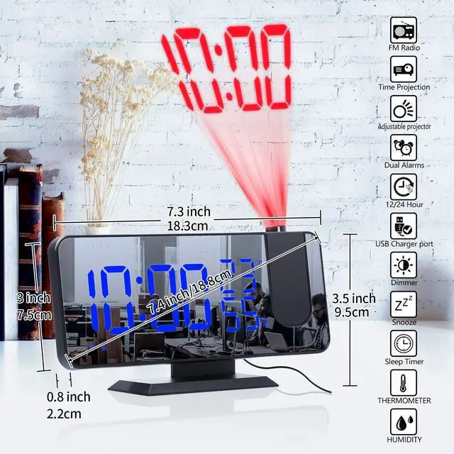 Alt view image 6 of 6 - Projection Digital Alarm Clock for Bedrooms,Alarm Clock Radio on Ceiling, USB Charger Port, Temperature & Humidity Display, 7.3 Large Mirror LED Display,12/24H,Snooze,Dual Loud Clock- 4 Dimmer