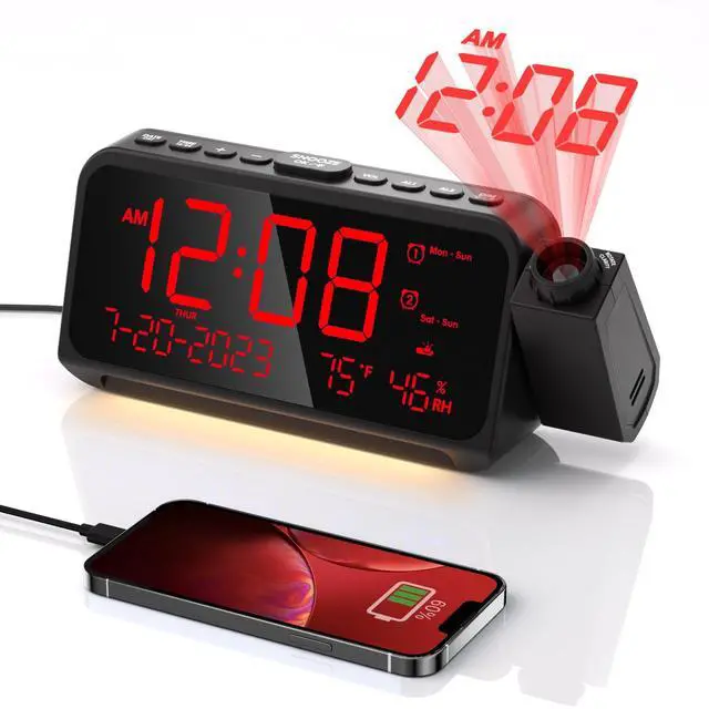 Main image of Projection Alarm Clock for Bedroom,Digital Clock with 350° Rotatable Projector,5-Level Dimmer,Dual Alarm with Weekday/Weekend Mode,Adjustable Volume,Temp,Humidity,Calendar,Snooze,12/24H,Night Light