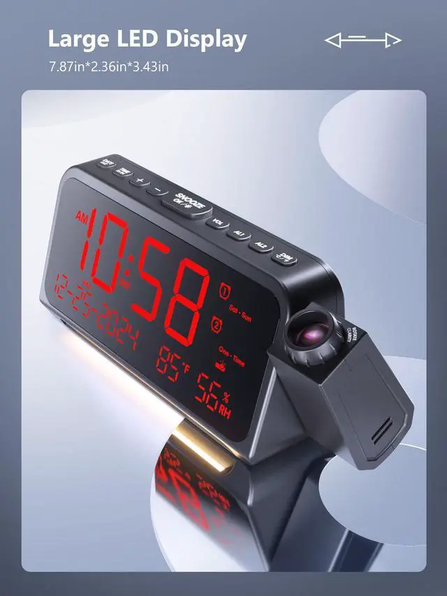 Alt view image 2 of 7 - Projection Alarm Clock for Bedroom,Digital Clock with 350° Rotatable Projector,5-Level Dimmer,Dual Alarm with Weekday/Weekend Mode,Adjustable Volume,Temp,Humidity,Calendar,Snooze,12/24H,Night Light