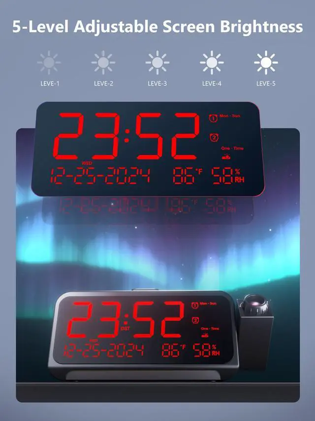 Alt view image 4 of 7 - Projection Alarm Clock for Bedroom,Digital Clock with 350° Rotatable Projector,5-Level Dimmer,Dual Alarm with Weekday/Weekend Mode,Adjustable Volume,Temp,Humidity,Calendar,Snooze,12/24H,Night Light