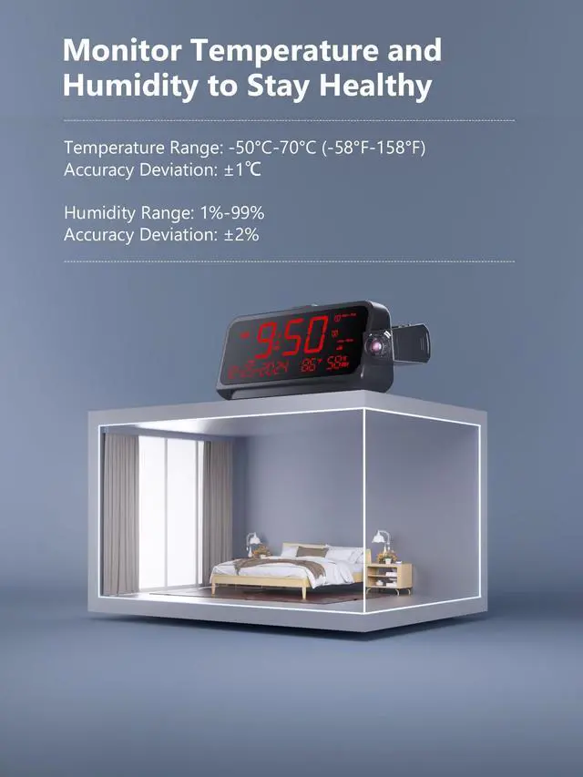 Alt view image 6 of 7 - Projection Alarm Clock for Bedroom,Digital Clock with 350° Rotatable Projector,5-Level Dimmer,Dual Alarm with Weekday/Weekend Mode,Adjustable Volume,Temp,Humidity,Calendar,Snooze,12/24H,Night Light