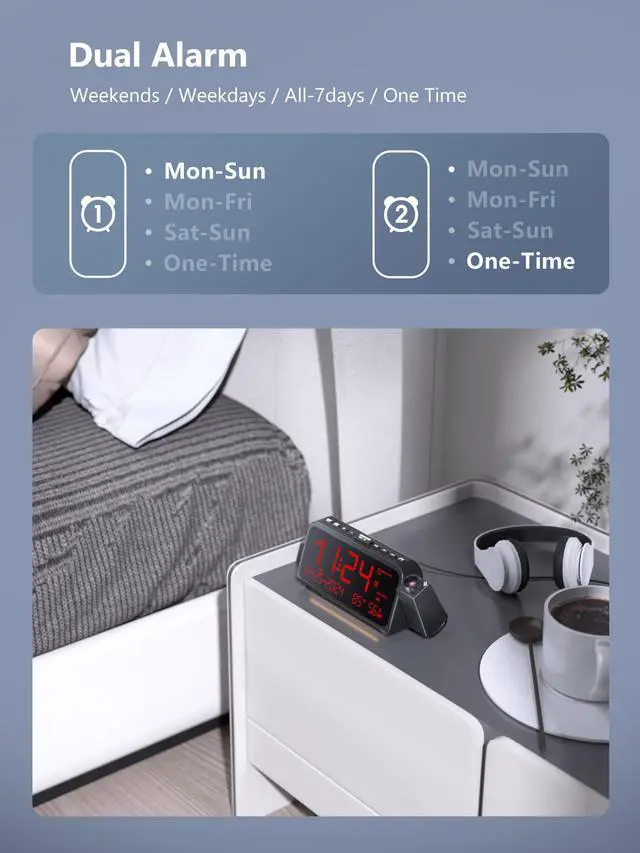 Alt view image 5 of 7 - Projection Alarm Clock for Bedroom,Digital Clock with 350° Rotatable Projector,5-Level Dimmer,Dual Alarm with Weekday/Weekend Mode,Adjustable Volume,Temp,Humidity,Calendar,Snooze,12/24H,Night Light