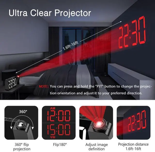 Alt view image 3 of 7 - Projection Alarm Clock for Bedroom, Digital Alarm Clock with 180° Rotatable Projector, 7.4'' Large LED Display, Adjustable Brightness & Volume, for Seniors Teens Heavy Sleepers