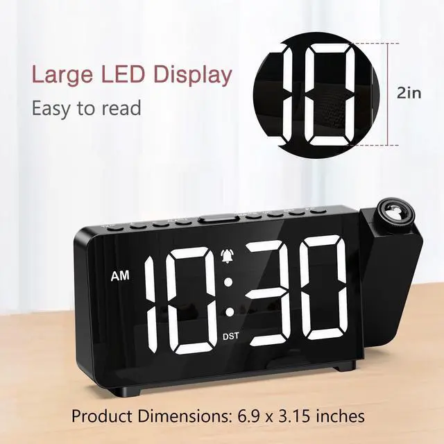 Alt view image 7 of 7 - Projection Alarm Clock for Bedroom, Digital Alarm Clock with 180° Rotatable Projector, 7.4'' Large LED Display, Adjustable Brightness & Volume, for Seniors Teens Heavy Sleepers