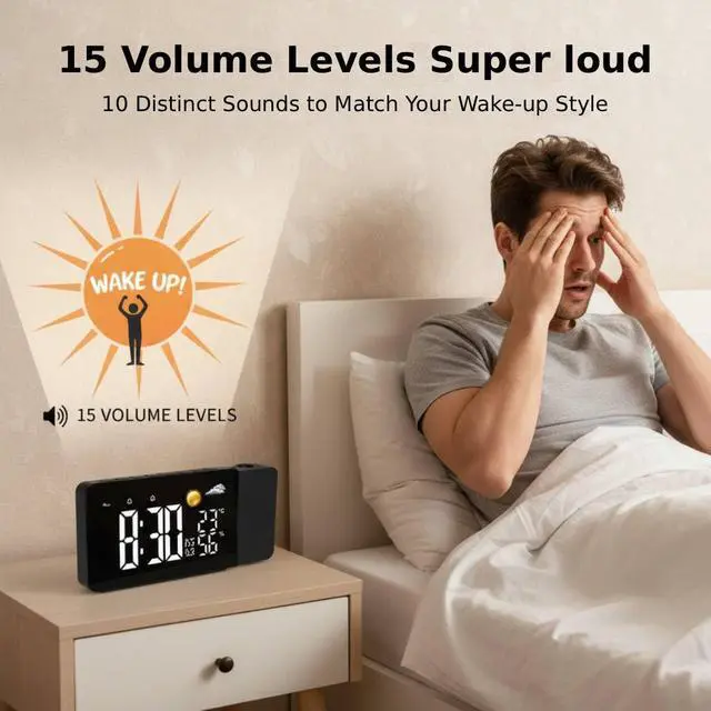 Alt view image 5 of 7 - Projection Alarm Clock for Bedroom Ceiling, Digital Clock with 180° Rotatable Projector, USB Port, Temperature, Humidity, Battery Backup, Super Loud for Heavy Sleepers, Kid, eldly